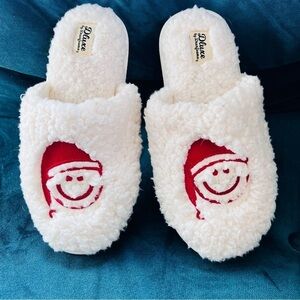 DLXE DEARFOAMS SMILEY FACE SANTA CLAUS SHERPA SLIDE SLIPPERS SIZE LARGE NWT